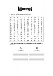 English worksheet: Adjectives word search