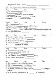 English worksheet: sight word exercise--clozz (41~66: all to yes)