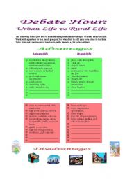 English Worksheet: Debate Hour: Urban Life vs Rural life