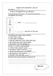 English Worksheet: Present simple- negative form