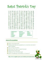 English Worksheet: Saint Patricks Day wordsearch and treasure hunt