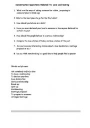 English worksheet: love and marriage conversation questions