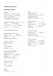 English worksheet: Getting to Know you Lyrics