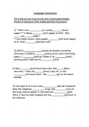 English Worksheet: Present Simple, Present Progressive, Past Simple and Past Progressive.