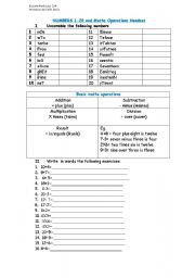 English Worksheet: Numbers 1-20 and maths operations