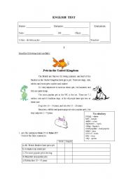 English Worksheet: Test - Pets in the United Kingdom (part 1)