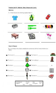 English Worksheet: Materials Shapes Colors