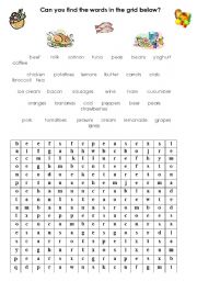 English Worksheet: food and drink vocabulary wordsearch