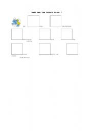 English worksheet: WHAT ARE THE SMURFS DOING ?