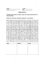 English Worksheet: Days of Week, Months of the Year, and Colous Review