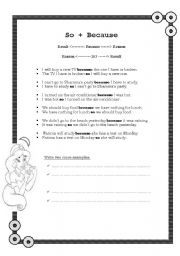 English Worksheet: so & because