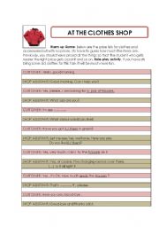 English Worksheet: Clothes Shop - Role-play (Items list provided)