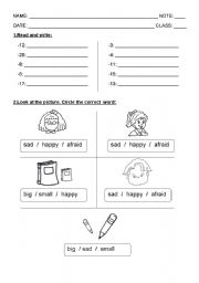 English worksheet: adjectives and numbers
