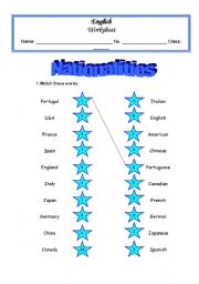 English Worksheet: Nationalties