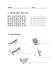 English Worksheet: colours and classroom objects