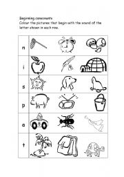 English Worksheet: colour the picture with the same beginning as the letter shown