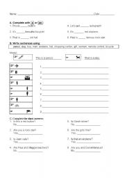 English Worksheet: Review activities of a/an this/that, verb to be