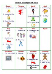 English Worksheet: Holidays and Important Dates Calendar