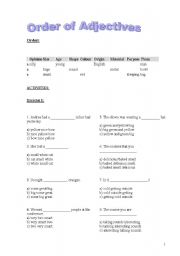 English Worksheet: Order of Adjectives. Brief explanation and Activities