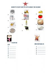 English Worksheet: CATEGORIZE AND WRITE THE COUNTABLES AND UNCOUNTABLES