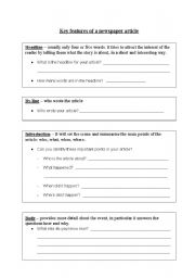 English Worksheet: key features of newspaper articles