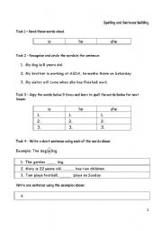 English Worksheet: spelling, writing and sentence building - 4 pages