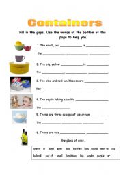 English worksheet: containers, colours and prepositions