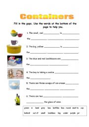 English worksheet: containers, colours and prepositions