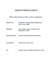 English Worksheet: match the illness to the correct symptoms