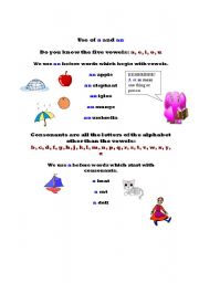 English Worksheet: Use of a and an : a revision of vowels and consonants too