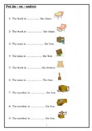 English Worksheet: Put (in  on  under):