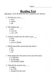 English Worksheet: The Mitten-Story Test