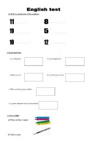 English Worksheet: family members, parts of the body, numbers, colours