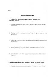 English worksheet: Relative Pronouns