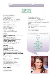 English Worksheet: Song Activity - Wake Up (Hillary Duff)