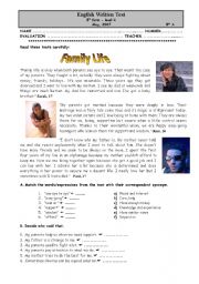 English Worksheet: Test - Family life