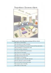 English Worksheet: PREPOSITIONS  CLASSROOM OBJECTS SUPPLIES