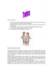 English Worksheet: Twins - Reading and conversation