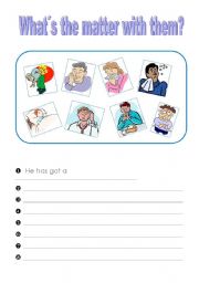 English Worksheet: Whats the matter with them (2 pages: writing exercise, domino cards)