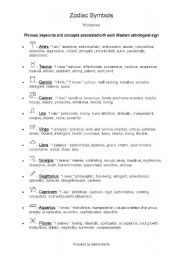 English Worksheet: Zodiac Symbols (Star signs) and charcteristics associated with them