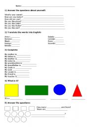 English worksheet: Exercises about Family and Shapes