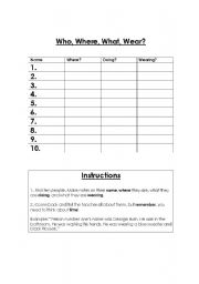 English worksheet: Who Where What Wear?