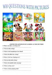 English Worksheet: wh questions with pictures in present continuous tense