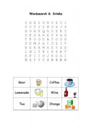 English Worksheet: Wordsearch  6 drinks