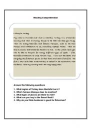 English Worksheet: Reading Comprehension - Living in Istanbul