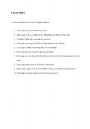 English worksheet: Can or May? (modal auxiliaries)