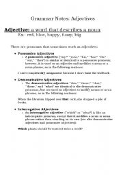 English Worksheet: Adjective Notes