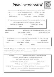 English Worksheet: song - Pink- who knew