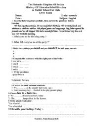 English worksheet: seventh grade level exam 