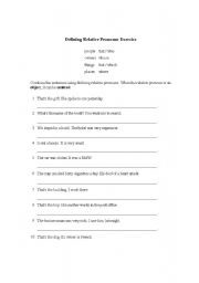 English worksheet: defining relative pronouns exercises